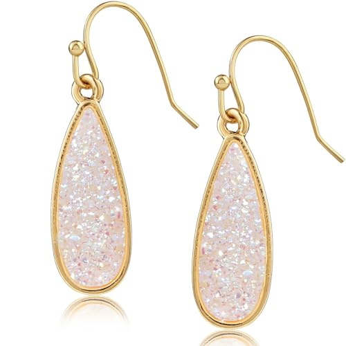 Teardrop Dangle Earrings for Women with Simulated Druzy Stones, in Gold or Rose Gold Tone - color: Gold - White Created Opal