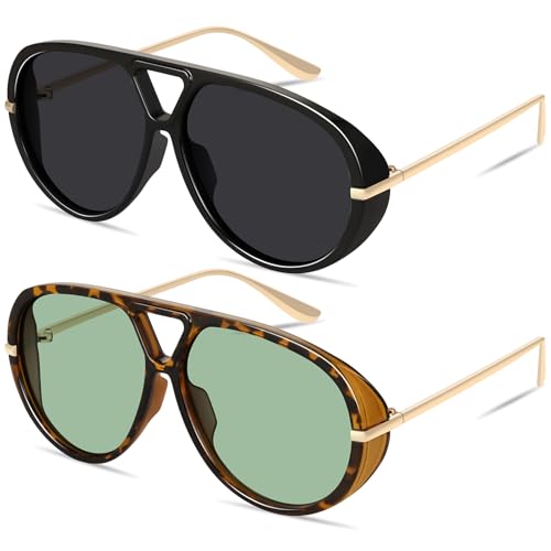 GRFISIA Retro Oversized Aviator Sunglasses for Women Men Metal 70s Aviators 2026 Fashion Shades for Beach Vacation UV400 - color: (2pcs) Black/Gray+tortoise/Green