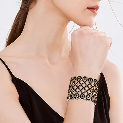 EVER FAITH Art Deco Love Knot Wide Stretch Bridal Bracelet Austrian Crystal - color: Black Gold-Tone