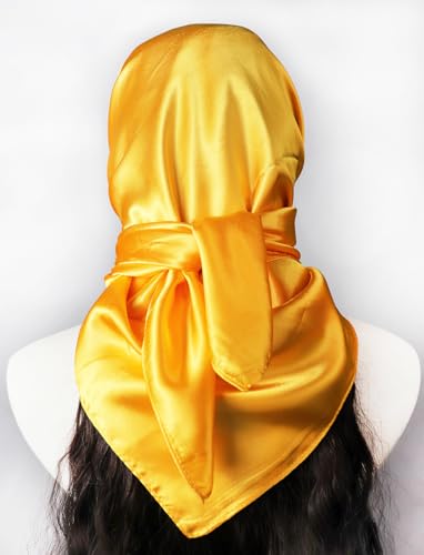 vabovin Satin Head Scarf for Women Solid Color, 35×35 in | Silk Feel Neckerchief, Hair Scarf, Fashion Bandana, Headscarf, Headband, Hair Wrap Sleeping, Daily Fashion Styling - color: 219 Gold Yellow
