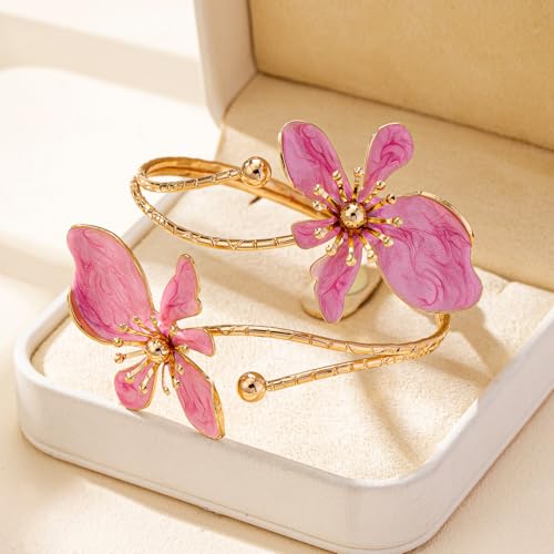 Flower Arm Cuff Bracelets for Women Adjustable Gold Upper ArmBand Jewelry Boho Floral Open Wrap Statement Bangle Bracelet Arm Cuff Jewelry Gifts for Women - color: Pink