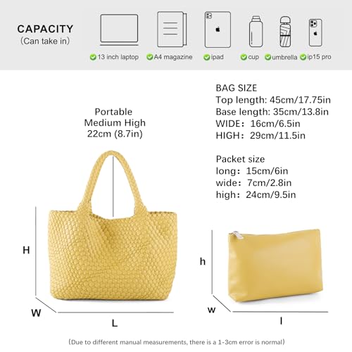 Woven Tote Bag Womens Purse Vegan Leather Shoulder Handbags Fashion Summer Beach Tote Bags Large Travel Totes - color: Yellow