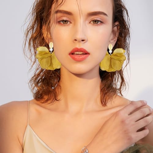 Handmade Fabric Flower Petal Fringe Dangle Drop Earrings Bohemian Floral Tassel Stud Earrings For Women - color: Dark Yellow