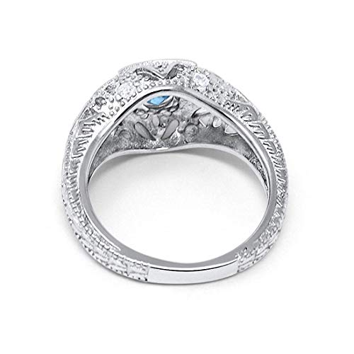 Blue Apple Co. Art Deco Ring Round Cubic Zirconia Leaf Filigree Design Split Shank Twisted Band Bridal Statement Wedding Engagement Rings For Women 925 Sterling Silver Gifts For Her - color: Simulated Aquamarine