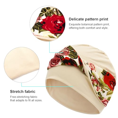 Women Knot Slouchy Beanie Chemo Hat Twist Stretch Cancer Head Wraps Sleep Head Scarf - color: Beige Flowers