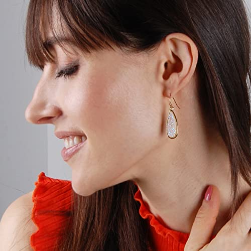 Teardrop Dangle Earrings for Women with Simulated Druzy Stones, in Gold or Rose Gold Tone - color: Gold - White Created Opal