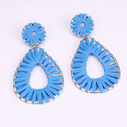 Raffia Teardrop Dangle Earrings Handmad Statement Drop Earrings - color: Royal Blue