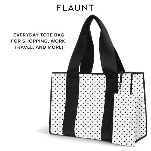 FLAUNT Everyday Tote Bag with Phone Pouch for Women - Lightweight, Airline Approved, Easy To Carry, Foldable & Washable - color: White Polka Dot