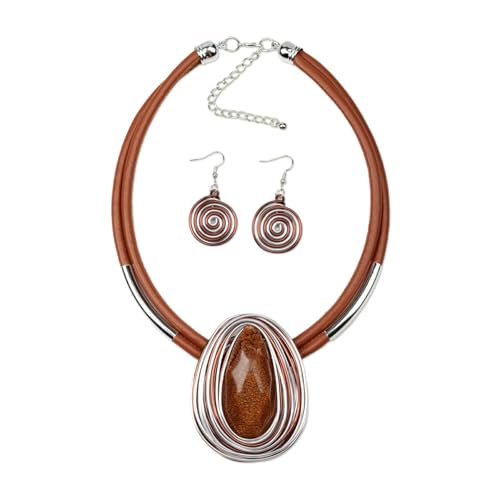 Ethnic Crystal Rhinestone Pendant Necklace Earrings Set Women Handmade Tribal Collar Choker Chunky Metal Bib Rope Chain African Statement Jewelry Set - color: NXR1484-brown