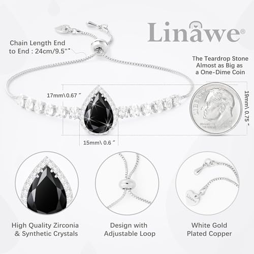 Linawe Crystal Imitation Diamond Rhinestone Charm Bracelets for Women, Gold/Silver/Rose Gold Adjustable Chain Bracelet, Teardrop Birthstone Cubic Zirconia Prom Costume Wedding Jewelry - color: Silver,Blk