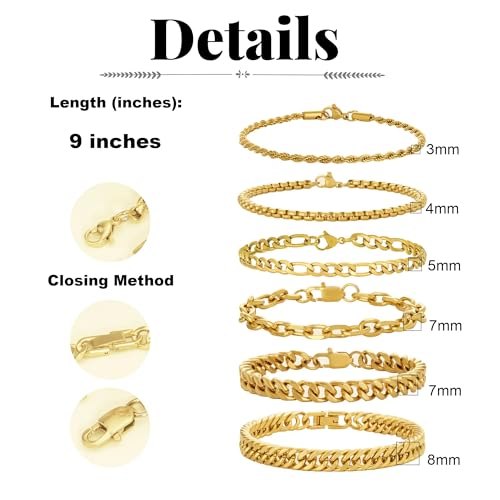 XIANNVXI 6pcs Bracelets for Men Gifts for Him Stainless Steel Bracelet Silver/Gold/Black Cuban Link Rope Paperclip Chain Bracelets Set 6.5/7/7.5/8.3/9 Inches Metal Bracelet Mens Fashion Accessories Jewelry Gifts Set - color: Gold, size: 9 in-Men Large