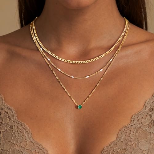 WomenGifts Layered Gold Necklaces for Women, 14K Gold Sterling Silver Plated Dainty Pendant Necklace Set Non Tarnish, Chunky Stackable Cuban Chain Choker, Trendy Birthstone Vacation Jewelry Gift - color: Gold, style: Cubic Zirconia-Created Emerald-May