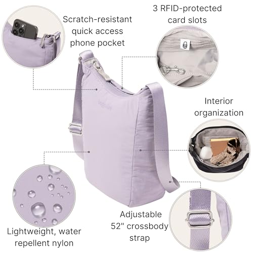 Baggallini Swift Mini Crossbody Bag for Women - 4.5x7 Small Travel Purse with Crossbody Strap and RFID - color: B-lite Lilac