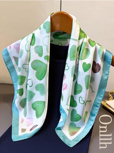 Silky Scarf for Women Lightweight Satin Bandanas Neck Hair Wrap For Sleeping Head Scarves 27.5" - color: A25 Green Heart/27.5"