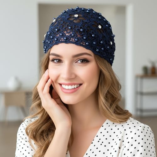 Tucnoeu 3pcs Boho-Chic Crystal & Pearl Embellished Wide Headbands, Wide Boho Pearl Headband for Wome, Floral Beaded Lace Elastic Headband Suitable for Daily Wear and Weddings Stylingvarious Holidays - color: blue, white, silver