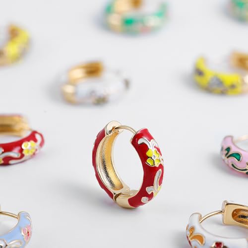 Vintage Enamel Flower Small Hoop Earrings Retro Elegant Flowers Earrings Colorful Flower Hoop Earring - color: Red