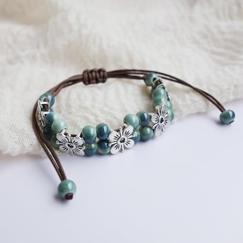Handmade Green Boho Bracelets for Women, Bohemian Ceramic Beads Bracelets for Friends, Trendy Porcelain Stone Beaded Bracelets for Sisters - color: Green
