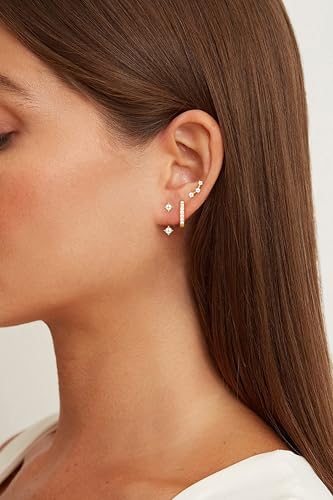3 Pairs Dainty Small 4th of July Earrings for Women Trendy, Birthstone Stud Huggie Hoop Jacket Stack for Cartilage Helix, Gold Plated Hypoallergenic Cute Women Fashion Accessories Western Jewelry Gifts - color: Created Pearl-Gold