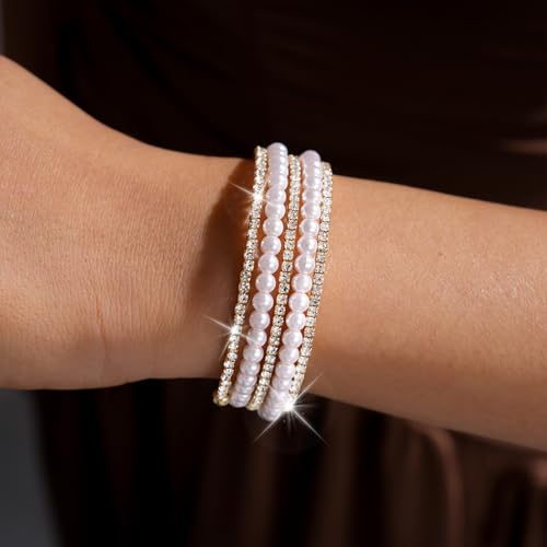 Silver Pearl Bracelet for Women Sparkly Stretch Rhinestone and Pearls Bangle Cuff Adjustable Faux Diamond CZ Bracelets Bling Wedding Costume Jewelry - color: Gold-5Row