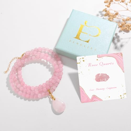 Healing Crystal Necklaces for Women Trendy Natural Stone Beaded Long Pendant Necklaces for Womens Handmade Bohemian Fashion Necklace Jewelry Gift - color: Rose Quartz