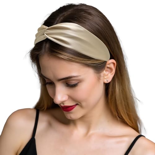ZLYC Mulberry Silk Headband Elastic Twist Knotted Head Bands for Women's Hair, Solid Pale Beige - color: Solid Pale Beige