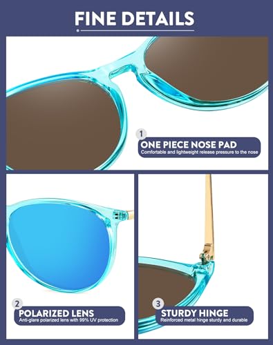 WOWSUN Retro Polarized Sunglasses Womens Trendy Round Classic Glasses - color: Black+ Transparent Blue Frame Purple-pink Mirrored + Transparent Gray Frame Purple Pink Mirrored