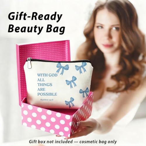 Coquette Blue Bow Christian Makeup Bag, With God All Things Are Possible Cosmetic Bags for Women, Christian Bible Verse Gifts for Women, Preppy Aesthetic Zipper Makeup Pouch - color: 01-With God All Things Are Possible(Blue Bible)