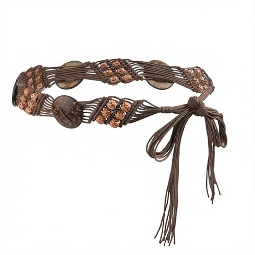 TeeYee Women's Waist Belt Adjustable Boho Style Handwoven Bohemia Tassel Rope Tie with Wooden Beads Braided Chain for Dress - color: 285coffee
