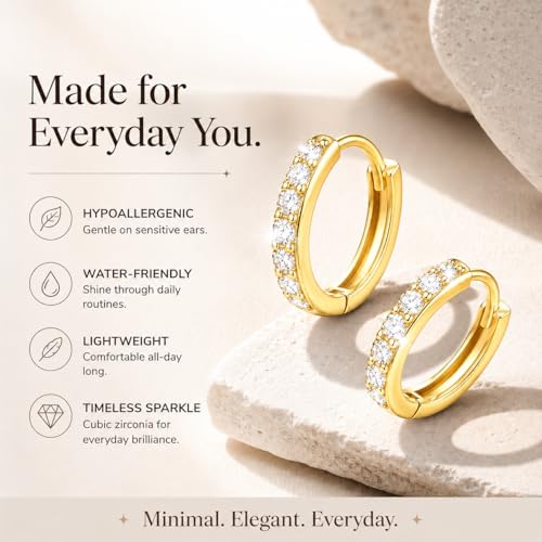 925 Sterling Silver Huggie Hoop Earrings for Women Men, Hypoallergenic Small Sleeper Hoop Earrings for Sensitive Ears, Lightweight Tiny Cartilage Helix Tragus Hoops 6mm 8mm 10mm - size: golden white Cubic Zirconia 10mm
