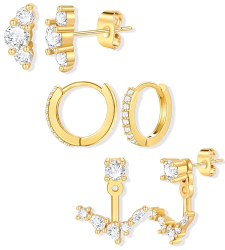 6 Pairs 14K Gold Plated Stud Earrings for Women, Hypoallergenic Cartilage Earrings for Multiple Piercing, Dainty Small Stackable Earrings Set for Jewelry Gift - color: Gold-3 Pairs