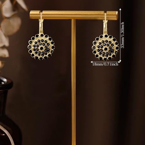 Bohemian Vintage Sliver Geometry Enamel Flower Lightweight Dangle Hoop Earrings Ethnic Handmade Circle Disc Teardrop Earrings For Women - color: Black
