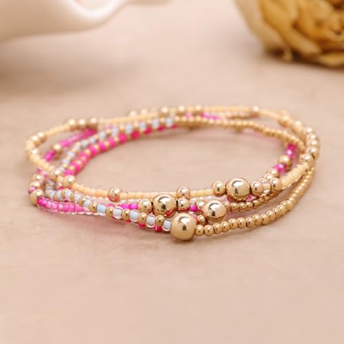 Gold Beaded Stackable Friendship Bracelets Set for Women, Handmade Boho Stretch Summer Jewelry Gift. - color: gold pink fuchsia white yellow