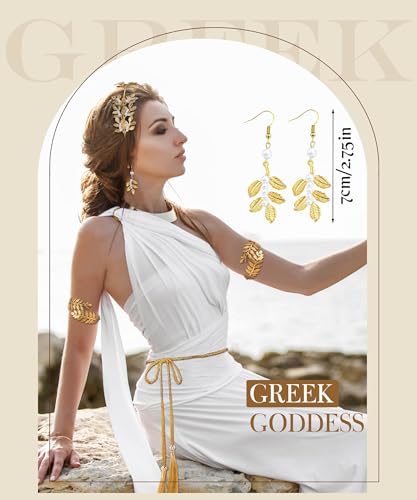 17 Pcs Greek Goddess Costume Accessories Set for Women Golden Leaf Headband Hair Clips Upper Earrings Arm Cuff Earrings Belt Toga Party Jewelry