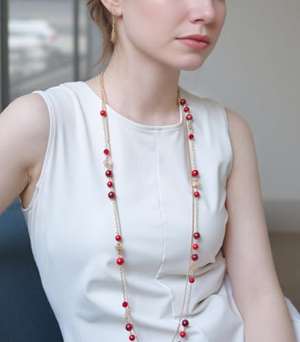 FULU AUTUMN Boho Gold Long Necklaces for Women Natural Stone Beaded Layered Long Necklace Mothers Day Gifts Dainty Flower Costume Jewelry for Women - color: Red