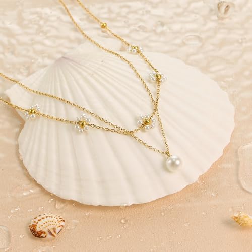Trinckle Pearl Necklaces for Women, Gold Pearl Choker Single Pendant Necklace Layered Daisy Jewelry for Prom Birthday Gifts, Prom Wedding Strands for Bride Bridesmaids as Beach Summer Accessories - style: Daisy necklace