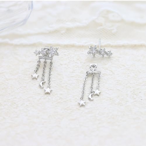 6 Pcs/6 Pairs Hypoallergenic 925 Sterling Silver Stud Post 14K Gold Earrings for Women Moon Star Hoop Stackable Cubic Zirconia Chain Dangle Earring Set Stacks for Multiple Piercings - color: Silver Star Chains
