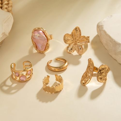 6Pcs Gold Flower Crystal Chunky Knuckle Rings Stacked for Women, Statement Stack Zirconia Hammered Geometry Irregular Baroque Pearl Open Ring Jewelry Gift - color: Light Red
