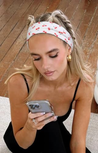 TERSE Headbands for Women Trendy Cherry Print - Non Slip Head Bands Soft Fabric Hair Bands for Workout Yoga Running Sport - Wide Thick Hair Wrap for Girls - color: Headbands Color- Cherry Print