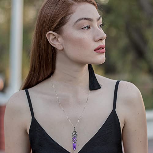 Top Plaza Antique Silver Flower Wrapped Natural Amethyst Healing Crystal Necklace - color: Amethyst