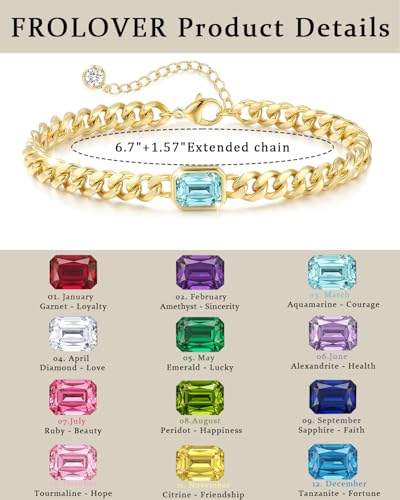 Birthstone Gold Bracelets for Women Non Tarnish Trendy 14k Gold Plated Bracelet Dainty Charm Emerald Bracelets Stack Cuban Link Friendship Bracelets Jewelry Gifts for Birthday/Valentine's Day - color: 03. March(Aquamarine)
