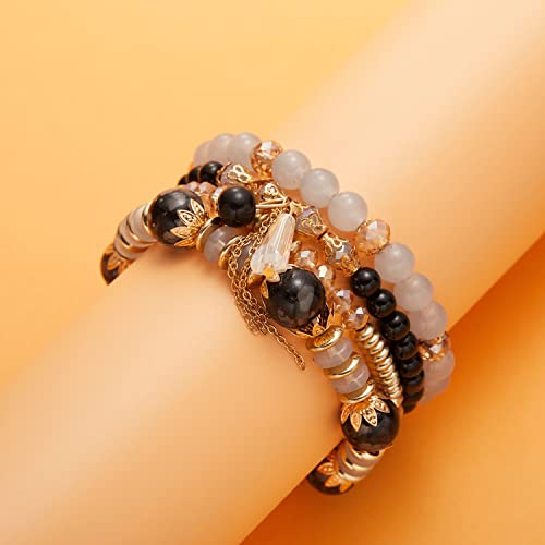 FUTIMELY Bohemian Crystal Beaded Bracelets Set for Women,Dainty Handmade Multilayer Colorful Charm Bracelet Beaded Stackable Stretch Bracelet Jewelry - color: Gray