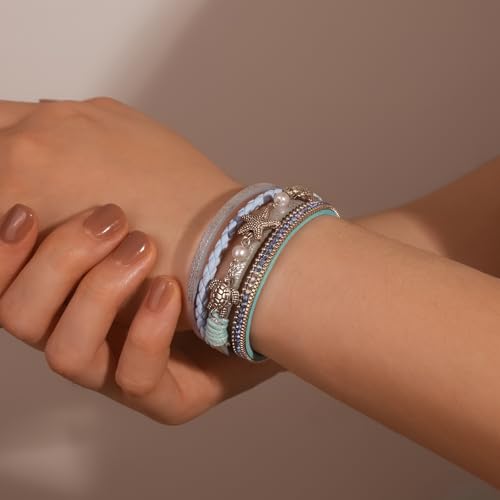 FANCY SHINY Turtle Starfish Leather Wrap Bracelet Boho Rhinestone Pearl Cuff Bracelets for Women Summer Beach Jewelry for Women - color: Blue