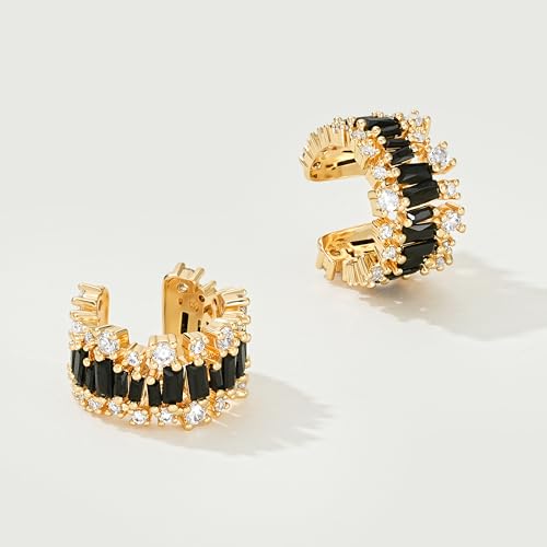 MEVECCO Ear Cuffs Non Piercing For Women 18K Gold Plated Turquiose Pearl Zircons Ear Cuff Earring Clip on Cartilage Fake Hoop Earrings Stack Jewelry Gifts - style: Black CZ -Pair