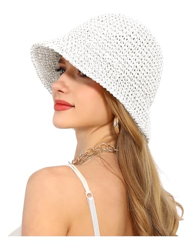 Womens Sun Hat Handmade Straw Bucket UV Protection Travel Summer Beach Cap - color: White