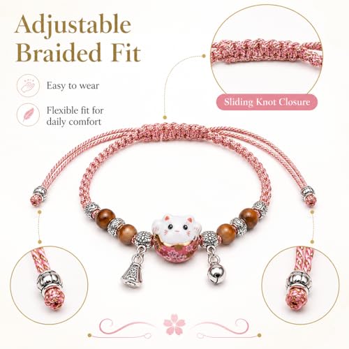Lucky Cat Bracelet For Women, Feng Shui Good Luck Cat Jewelry with Ceramic Cat Charm, Lightweight Protection Bracelet for Daily Wear or Work,Meaningful Gift for Women Valentine's Day&Birthday