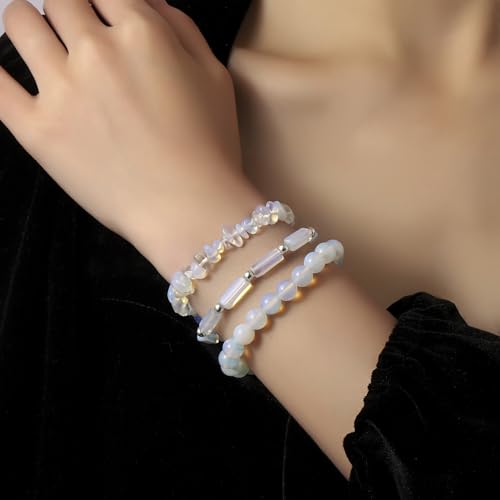 3Pcs Natural Stone Bracelets for Women 8mm Crystal Beaded Bracelets Handmade Stretch Bracelet Healing Crystal Jewelry for Women - style: Moonstone