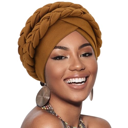 African Women Turban Caps Pre-Tied Twisted Turbans Head Scarf for Women Hair Wraps Cover Beanie Cancer Chemo Headwear - color: 1 Pack Double Twisted Braid: Brown