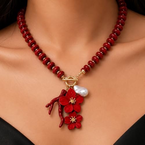 Red Beaded Necklace for Women Choker Gold Toggle Clasp Layered Stack Dainty Statement Western Boho Trendy Summer Vacation Necklaces Birthday Jewelry Gifts - color: C2:Red Beaded Necklace