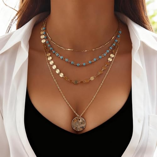 Boho Layered Gold Turquoise Necklace for Women Multi Strand Western Beach Jewelry Stackable Chain with Toggle Clasp Disc Pendant Trendy Fashion Jewelry - color: Gold-2