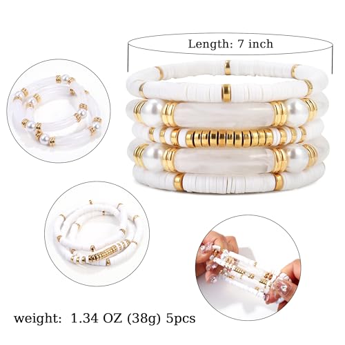 Elegance 11 designs colorful bracelets for women Surfer Thick Tube Heishi Summer Beach Beaded Stackable Boho Stretch Bracelets - color: Elegant White
